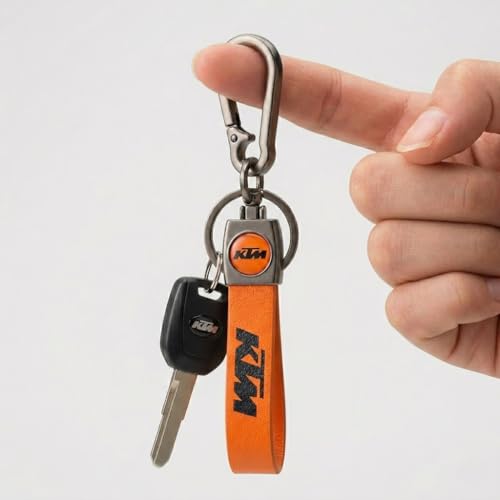 Image of Premium Bike Keychain, Orange, Leather and Metal, with Hook, Anti-Rust Keyring, compatible with KTM Duke 125, 200, 250, 390, RC