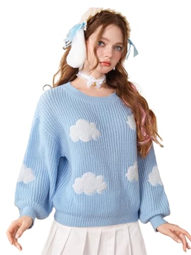 Image of WDIRARA Women's Cloud Pattern Round Neck Long Sleeve Sweater Casual Knit Pullovers Blue L