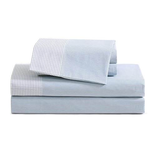 Image of Tommy Hilfiger - Full Size Sheets Set, Crisp & Tailored Cooling Sheets with a Cotton Percale Lightweight Feel - Bed Sheets with Matching Pillowcases & Fitted Sheet (Williamstown Stripe Blue)