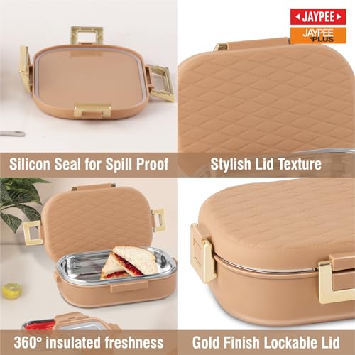 Image of JAYPEE Lux PU Insulated Stainless Steel Lunch Box for School Kids|Airtight Leakproof Lunch Box for Kids Boys & Girls |Unique Design 100% Food Grade |Lunch Box for Office use,580 ml, Brown
