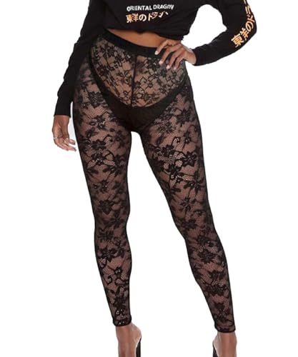 Women's Sexy Lace Leggings High Waist Sheer Mesh Leggings Floral Tights (Lace1,L)