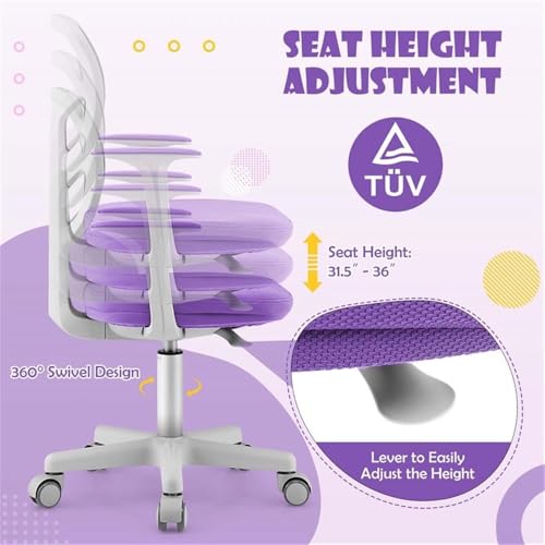 Image of Pemberly Row Kids Study Chair, Adjustable Height 31.5-36 in, Mesh Back, Cushioned Seat, Lumbar Support, Swivel Seat, Auto Brake Casters, Purple Finish, Ergonomic Chair for Study or Homework Use
