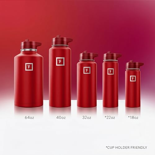 Image of IRON FLASK Camping & Hiking Hydration Flask with Straw, Wide Mouth Insulated Stainless Steel Sports Water Bottle - Fire Red 64 oz - Straw (1 Lid)