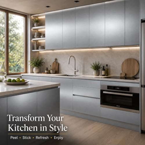 Image of HOME13 Silver Wallpaper Peel and Stick Wallpaper Self Adhesive Decorative Metallic Wallpaper Removable Vinyl Wall Sticker Waterproof Countertops Bathroom Kitchen Cabinet (20x120 Inch)