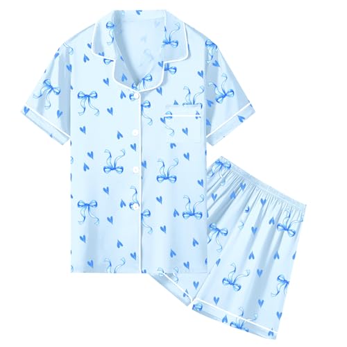 Image of Umeyda Women & Girls Pajamas Set, Soft Satin Lightweight Silk Button-Down Top with Shorts 2 Piece PJS for Mom Boys Kids Gifts