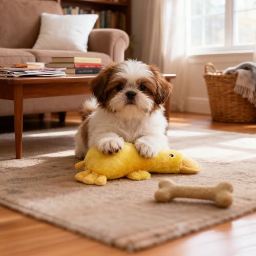 Image of Amazon Basics Fiber Stuffed Yellow Duck Crinkle Dog Toy | Soft Squeaker | Durable Cotton Fabric | for Teething & Training | Small, Medium & Large Dogs | Indoor Play