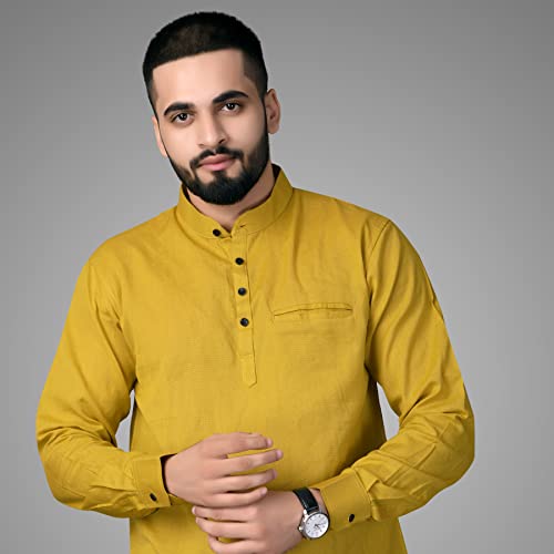 Image of Men's Cotton Regular Short Kurta | Casual & Ethnic Wear with Long Sleeve
