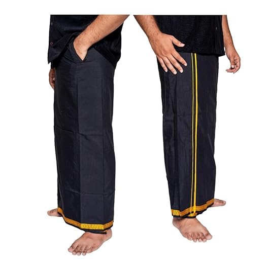 Image of Men's Dhoti with Hook and loop fastener, Gold Zari Border & Side pocket - Free Size, length 44 inches. (1, Black)