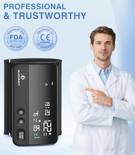 Image of Glucoracy Upper Arm Blood Pressure Monitor,Bp Cuff(8.6 inch-16.5 inch),2x99 Memory | Rechargeable Blood Pressure Monitors for Home Use,Large Display,One-Piece Design,Portable Travel Blood Pressure Machine,Black