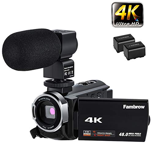FamBrow 4K Video Camera Camcorder Ultra HD WiFi YouTube Vlogging Camera 48MP 3.0 Inches IPS Touch Screen 16X Digital Zoom IR Night Vision Beginner Camcorder with External Microphone Remote Control