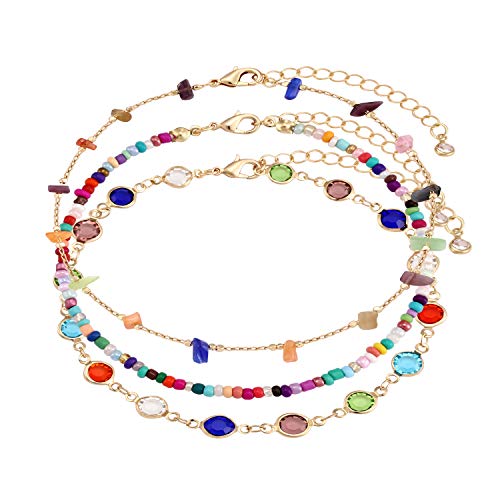 Image of Boho Beaded Ankle Bracelet Beach 18 K Gold Plated Anklet Bracelets Handmade Colorful Seed Beads Butterfly Evil Eye Heart Link Chain Anklet Pack Cute Summer Foot Jewelry for Women