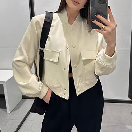 Bozanly Women's Stand Collar Button Down Cropped Shacket Jacket Solid Color Varsity Bomber Jackets 20253