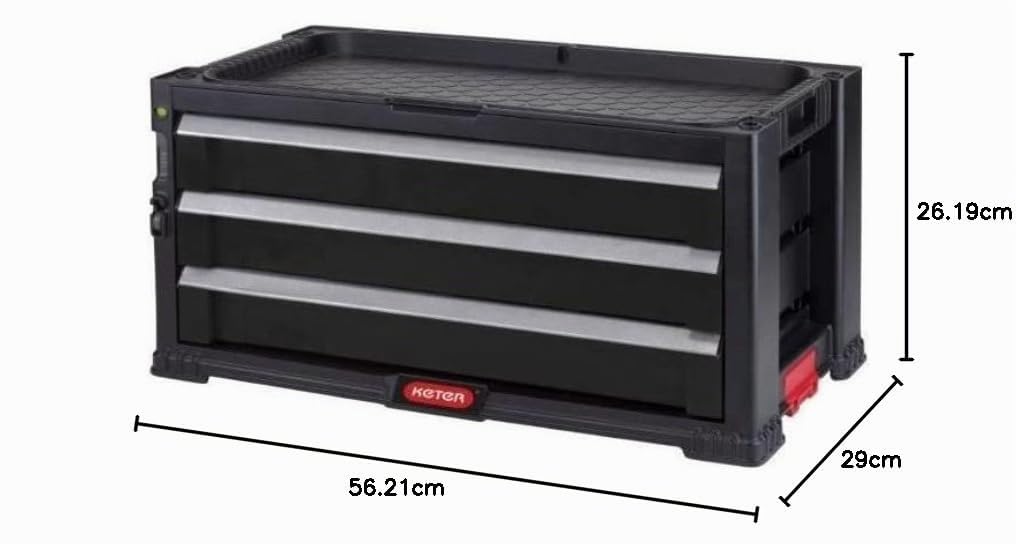 Keter - Juego de 3 cajones extensible para herramientas pequeñas y grandes, ruedas giratorias extraíbles con frenos, cierre centralizado, 56,2 x 28,9 x 26,2 cm, color negro