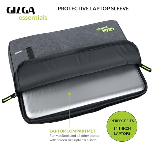 Gizga Essentials 14.1 Inch Laptop Sleeve Case Cover Bag with Extra Pouch & Front Pocket | Slim & Water-Resistant Nylon Fabric with Shockproof Foam Padding, Soft Lining & Premium Zipper Closure (Grey)