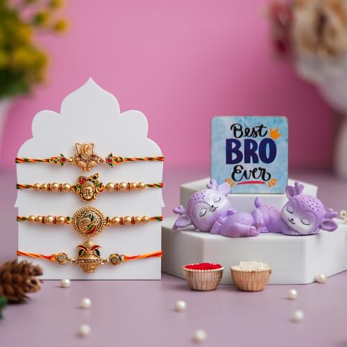 Image of eCraftIndia Set of 4 Designer Rakhi with Cute Sleeping Deer Showpiece & Best Bro Ever Fridge Magnet | Premium Raksha Bandhan Gift Set for Brother | Roli Chawal Included
