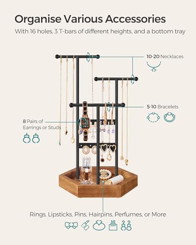 SONGMICS Jewellery Stand, Jewellery Organiser, 4 Independent Zones, Jewellery Display Stand with Metal Frame - Image 3