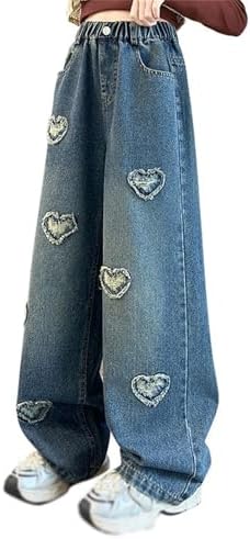 Jeans for Girls Baggy Wide Leg Cute Star Butterfly Embroidery High Elastic Waisted Denim Pants Y2K Streetwear 3-16Y
