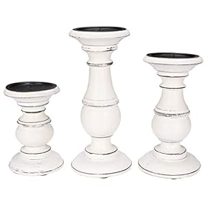 Set of 3 Wooden Pillar Candle Holders, Ideal for LED and Pillar Candles, Gifts for Wedding, Party, Home, Spa, Reiki, Aromatherapy, Votive Candle Gardens - 10 Inch, 8 Inch, and 6 Inch - Antique White Set of 3 Wooden Pillar Candle Holders Ideal for LED and Pillar Candles Gifts for Wedding Party Home Spa Reiki Aromatherapy Votive Candle Gardens 10 Inch 8 Inch and 6 Inch Antique White