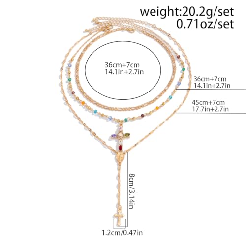 Cross Necklace for Women Gold Long Chain Layered Cross Crystal Pendant Statement Necklace Summer Beach Boho Jewelry4