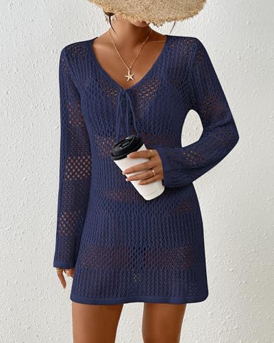 Image of Bsubseach Women Swimsuit Crochet Coverup Long Sleeve V Neck Beach Dress