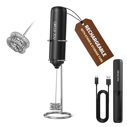 Image of CIRCLE JOY Rechargeable Milk Frother Hanheld with Stand, Dual Coil Whisk Head Electric Coffee Frother, Portable Hand Frother Wand Drink Mixer for Matcha Lattes Cappuccino, Kitchen Gifts, Black