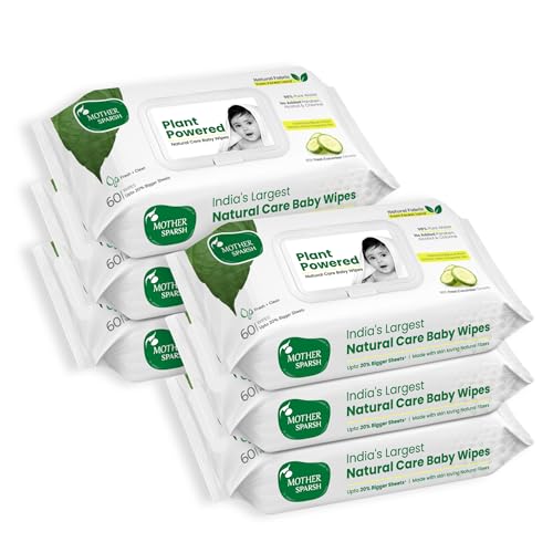 Image of Mother Sparsh Natural Care Baby Wipes 60 Pcs (Pack of 6) I 100% Plant Made Fabric From Forest Land | Fresh+Cleanse (with Cucumber) Plant Powered Wet Wipes For Baby I Cotton Cloth Like Bigger Sheets