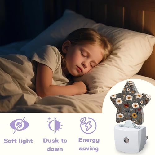 Image of Brown Flowers Night Lights Plug Into Wall,White Floral Dusk to Dawn Light Sensor Night Light for Kids,Energy Efficient Sleep Friendly Lamp for Bedroom Bathroom Nursery
