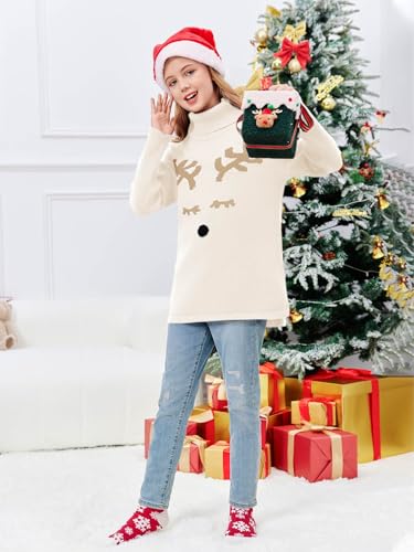 Image of Haloumoning Girls Christmas Sweater Kids Oversized Turtleneck Cute Reindeer Sweaters with Side Slit