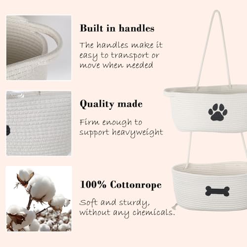 2-Tier Dog Baskets,Over Door Hanging Oganizer for Pet Stuff with Metal Hooks,Cotton Rope Wall-Mounted Storage Organizer for Dog Leash/Harness/Small Toys/Trash bag - Beige - Image 3