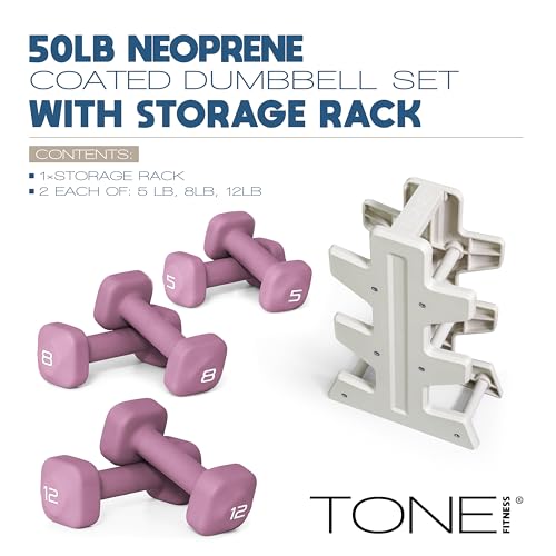 Image of Tone Fitness Neoprene Dumbbell Set with Storage Rack - Non-Slip, Anti-Roll Hand Weights for Home Gym Workouts | 20 lb, 32 lb, 50 lb, 60 lb & 100 lb Options