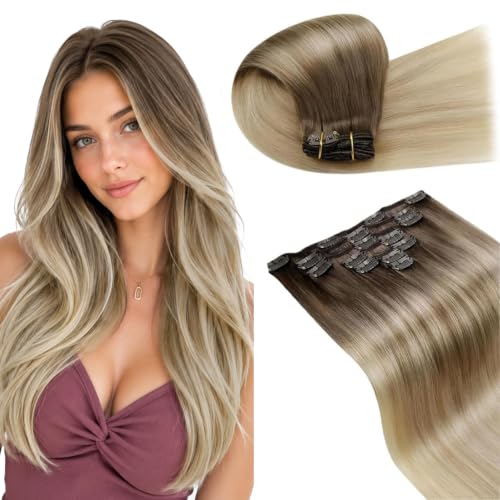 Image of LaaVoo Human Hair Clip in Extensions Ombr,Simple Application and Removal | Light Brown Ombre Ash Blonde Mix Platinum Blonde, 16 Inch 120g 7Pcs