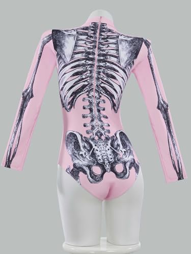 haikyuu Women Pink Skeleton One Piece Swimsuit Long Sleeve Skull Bodysuit Swimwear Goth Gothic Bathing Suit2