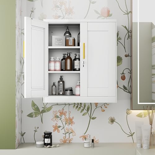 GAIOUS Metal Bathroom Wall Cabinet with Door and Adjustable Shelves, Kitchen Hanging Cabinets, Buffet Sideboard Cabinet, Floor Cupboard, Over The Toilet Storage Cabinet, White Wall-Mounted Cabinets