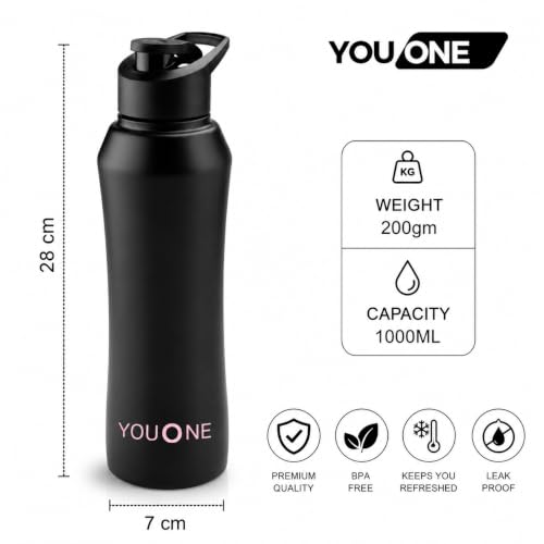 Image of YOUONE Stainless Steel 1000 ML Water Bottle /Thunder for fridge /School /Outdoor /Gym /Home /office /Boys /Girls /Kids, Leak Proof And BPA Free (Black)