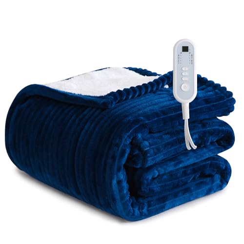 Sheet&Joy Heated Blanket Electric Navy Blue Throw - 50x60 Heating Blanket Throw 1/2/4/6/8 Hours Auto-Off 8 Heat Level Over-Heat Protection Ribbed Flannel Sherpa Electric ETL Certification
