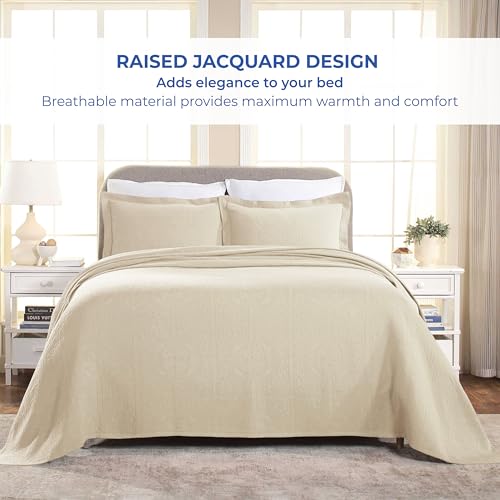 Superior Cotton Fleur De Lis Bedspread Set, Warm Blankets, All-Season Bedding, Bedroom Decor, Decorative Boho Medallion Coverlet, Includes 1 Bedspread, 1 Pillow Sham, Twin, Ivory