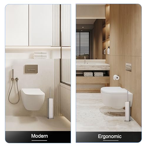 Image of BVL Toilet Brush and Holder Set Brushed Nickel Stainless Steel 304 Square Freestanding Toilet Brush for Bathroom