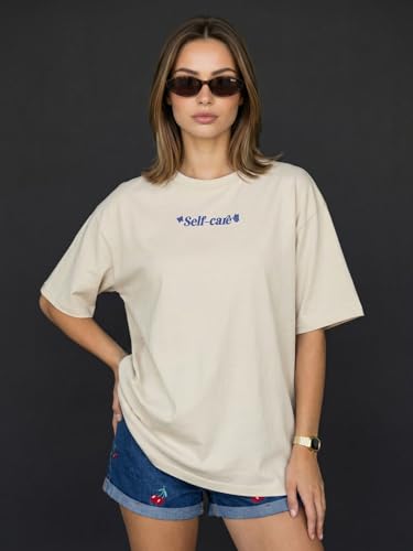Image of JUNEBERRY Women's Pure Cotton Drop Shoulder Printed T-Shirt | Oversized Baggy Fit Half Sleeve Round Neck Graphic Tee (S-XXL)