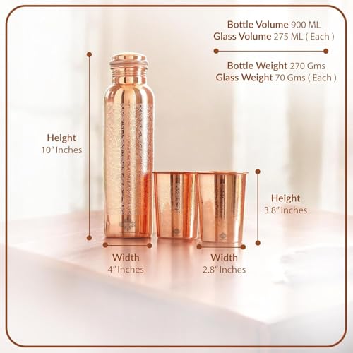 INDIAN ART VILLA Pure Copper Drinkware Gift Set of Embossed Design 1 Bottle & 2 Glasses with Royal Blue Box, Gifting Item for Diwali, Birthday & Parties, Bottle-1000 ml & Glass-300 ml