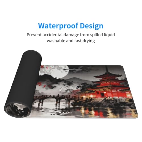 Image of Black Red Japanese Mouse Pad 31.5x11.8 XL Maple Leaves Tree Lake Pavilion Watercolor Extended Large Mousepad Keyboard Mouse Mat Desk Pad with Non-Slip Rubber Base Stitched Edges for Home Office Game