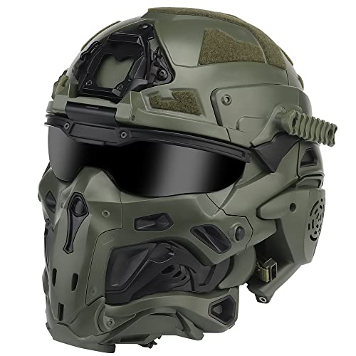 Tactical Full Face Head Helmet with Build in-Headset & Anti-Fog Fan Airsoft Military Fast Helmet Googgle Mask Set Paintall Cosplay (Green)