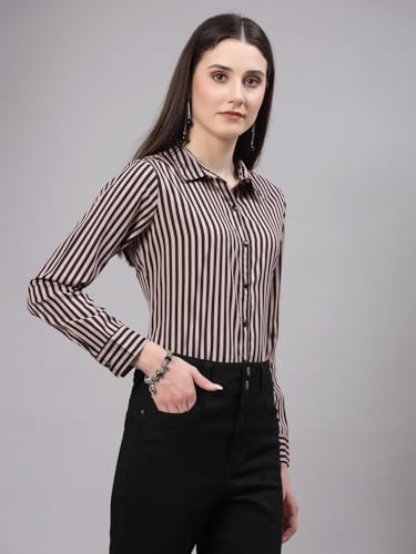 Image of Style Quotient Women Beige White Stripe Printed Formal Shirt