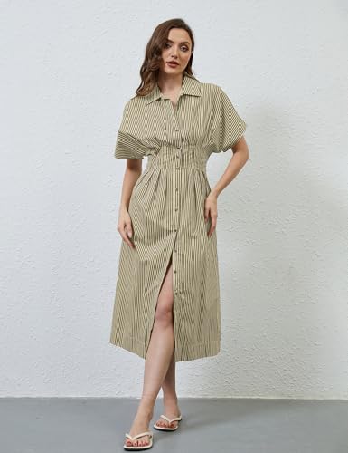 Image of calbatic Women Striped Button Down Pleated Shirt Dress Summer Short Sleeve Ruffle A Line Swing Long Blouse Midi Long Dress Green