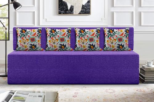 Image of Los Angeles Foldable Four Seater Sofa Cum Bed, Sofa Bed 6 X 6 Feet Jute Fabric Washable Cover- Including Cushion Perfect for Living Room - Purple