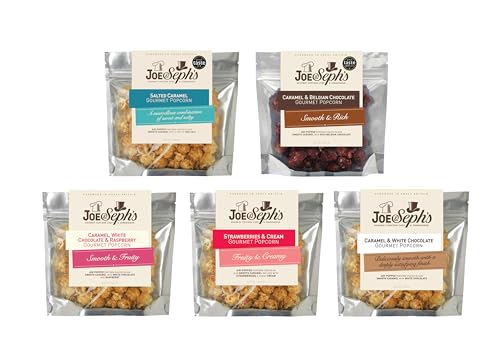 Joe & Sephs Summer Popcorn Tasting Selection (5x 30g) Salted Caramel Caramel & Belgian Chocolate Caramel White Chocolate & Raspberry Strawberries & Cream Caramel & White Chocolate