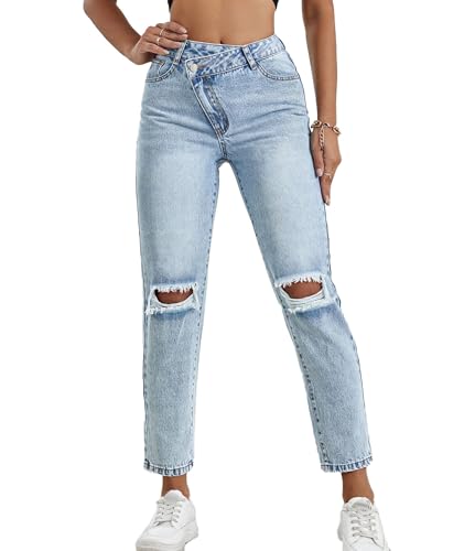 Women Casual High Rise Ripped Jeans Trendy Straight Leg Distressed Cropped Denim Pants Comfort Flex Jean Streetwear
