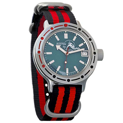 Preisvergleich Produktbild Vostok Amphibian Automatik-Herren-Armbanduhr, selbstaufziehend, Militär Taucher Amphibia Gehäuse Armbanduhr #420059 schwarz / rot
