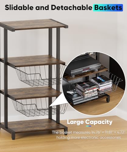 Media Stand with Two Detachable Baskets, 4-Tier AV Media Stand Corner Shelf for DVD Players/Cable Boxes/Games Consoles, Audio Storage Rack for Living Room, Gaming Room, Music Studio, Black - Image 4