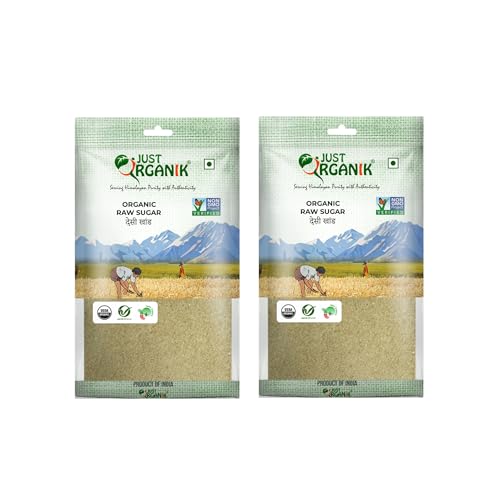 Image of JUST ORGANIK- Organic Raw Sugar 2kg (2 x 1kg) | Desi khand | Raw & Unrefined Sugar |Khandsari sugar | Pack of 2 | Raw Sugar 2Kg | 100% Organic | USDA Certified | Unprocessed Sweetner | Organic Sugarcane juice |Sugar