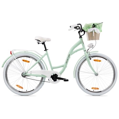 Goetze Style 26 Zoll Damen Citybike, 17 Zoll Tiefeinsteiger Rahmen, 1-Gang Rücktrittbremse, V-Bremse vorne, LED-Beleuchtung, Gepäckträger, Rattankorb, Komfortsattel, mit Ständer & Klingel